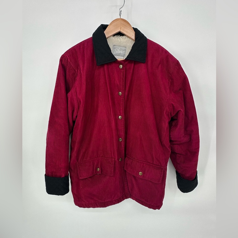 Blair Jacket Womens M Cotton Faux Fur Lined Coat Maroon Chore Barn Collared VTG